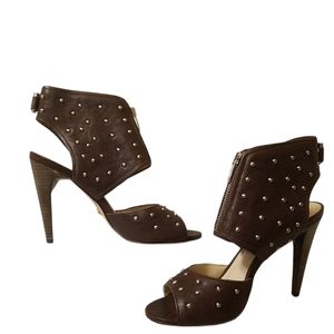 Velvet Angels Leather Stacked Heel Brown Stilettos